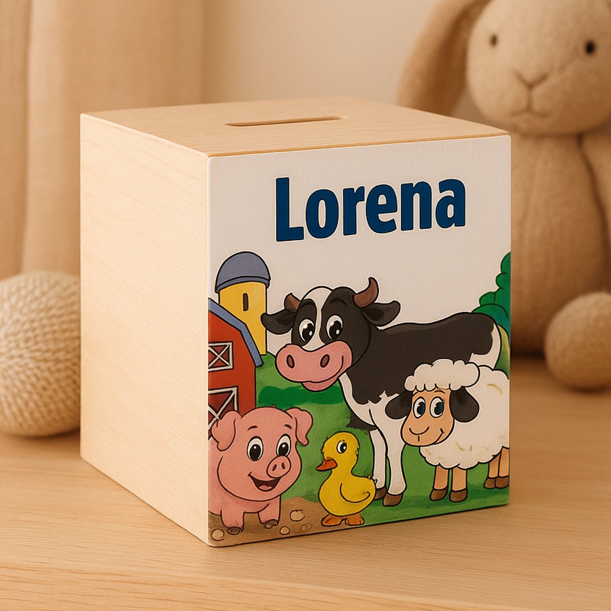 Houten spaarpot | Boerderij | Dieren | Kraamcadeau | Baby | Zwanger | Gepersonaliseerd | Hout | SVP NAAM DOORGEVEN PER E-MAIL