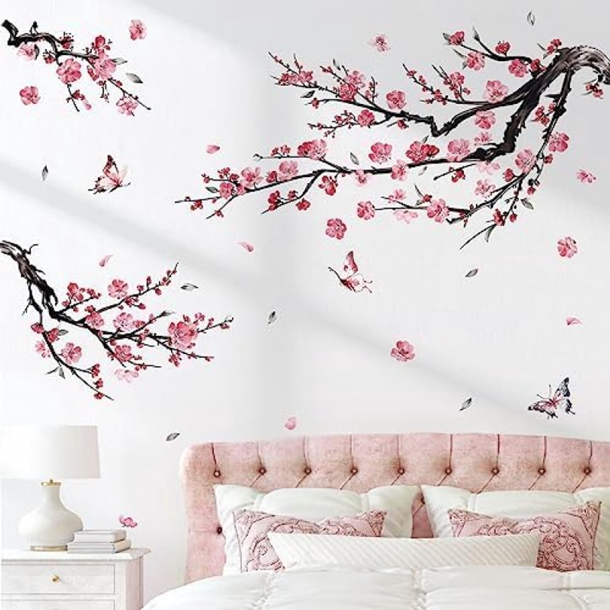 PromoHome Aquarel Roze Bloemtak Muursticker Set - 2 Delige Bloesem Boomtakken Bloemen Muurdecoratie voor Slaapkamer en Woonkamer - Zelfklevende Wanddecoratie met Waterdichte Eigenschappen