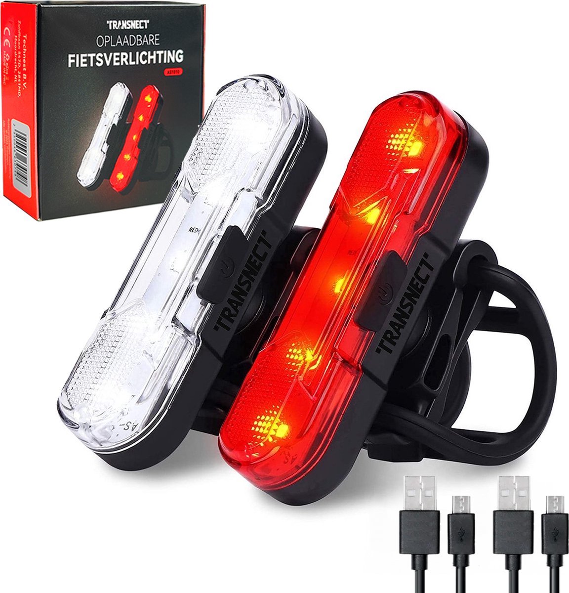 TRANSNECT® - Fietsverlichting LED set - Fietslampjes voor en achter licht - 6 lichtstanden - USB oplaadbaar - Draagbaar - Waterdicht
