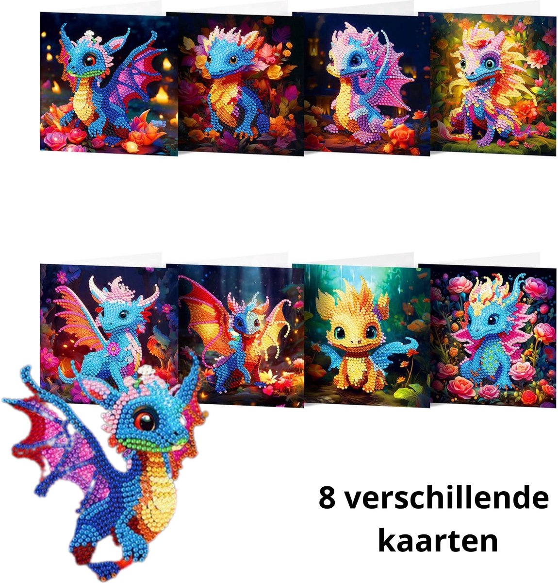IZGO Diamond Painting Kaarten – 8 Wenskaarten met envelop - Zonder Tekst - Volwassenen – Volledig Pakket - Diamant schilderen - Draakjes Fantasy
