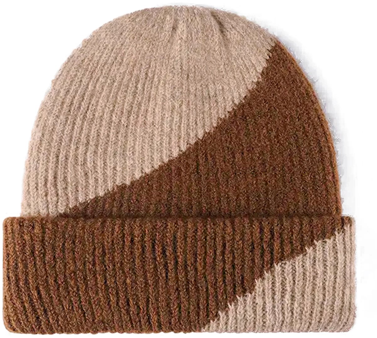 Wollen gebreide muts two-toned - unisex wintermuts in twee kleuren - bruin - wollen beanie met brede omslag - dames/heren