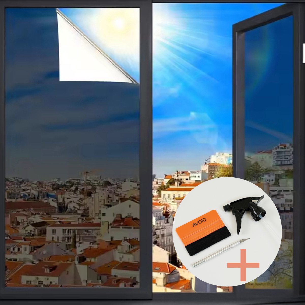 AVOID® Reflecterende Zonwerende HR++ Raamfolie - 45x300cm - Zilver/Zwart - Isolerend & Zelfklevend - Privacyfolie door Spiegeleffect - Warmtewerend & Anti Inkijk - Incl. Rakel, Mesje en Spuit