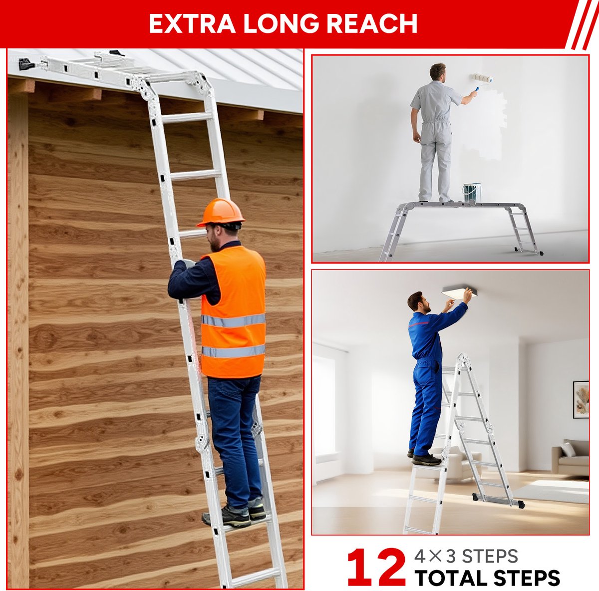OUTIGO Multifunctionele ladder - 3,5 meter - 7 in 1 - opvouwbaar - aluminium - met 2 wielen - geschikt voor huishoudelijk gebruik - maximale belasting 150 kg - 12 treden – foto 6