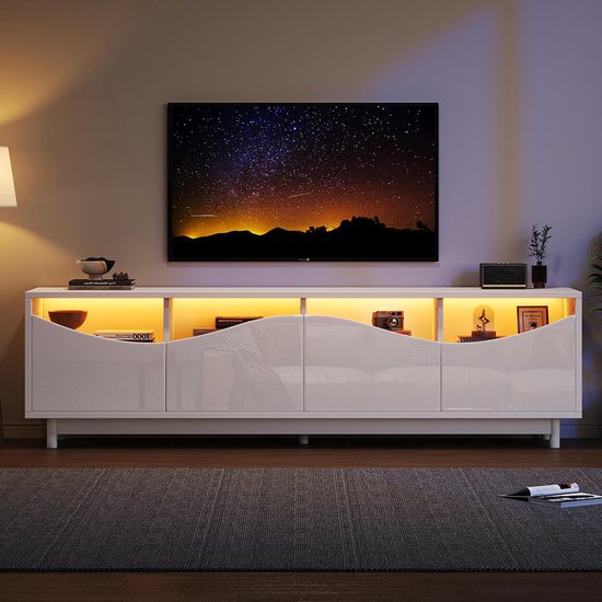 Meuble TV BLACKCOLORS au design incurvé, blanc, brillant, porte en verre trempé, éclairage LED, adapté comme meuble de divertissement, chambre, salon, 175 x 38 x 51 cm
