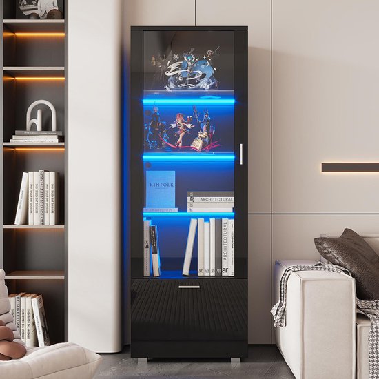 BLACKCOLORS Vitrines noires brillantes avec portes vitrées, vitrines avec éclairage LED, vitrines pour objets de collection, armoires à parfums, bibliothèques et vitrines avec portes vitrées et portes noires brillantes (3 étagères)
