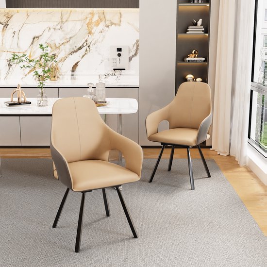 Chaises de salle à manger FATIVO - Set de 2 - Chaise pivotante à 360° - Avec accoudoirs - Dossier haut - Similicuir microfibre - Pieds en métal noir - Kaki clair et gris foncé - Charge maximale : 150 kg