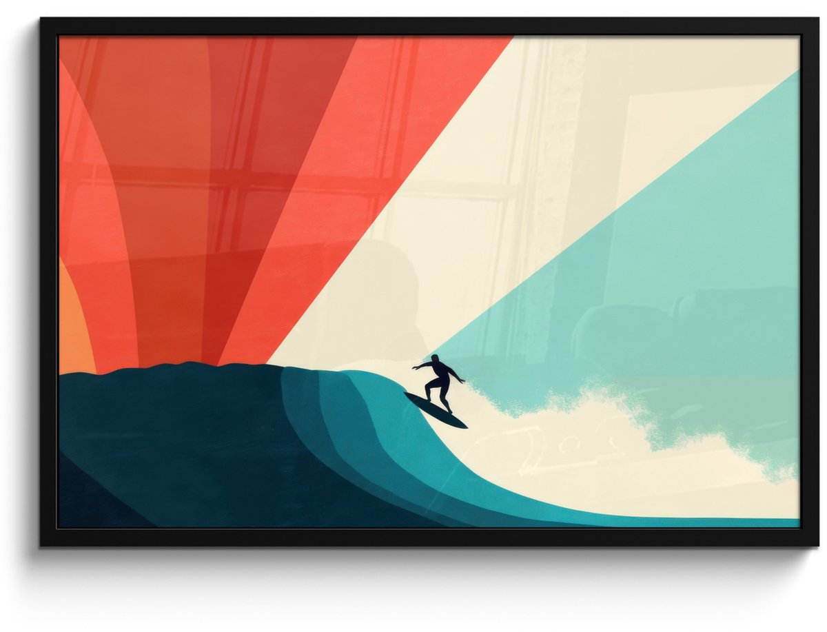 FrameYourWall Poster in lijst - Fotolijst 90x60 cm - Posters - Surfer - Abstract - Golven - Zonnestralen - Posterlijst zwart - Decoratie - Wanddecoratie woonkamer - Muurdecoratie slaapkamer - Kerstversiering - Kerstdecoratie voor binnen - Kerstmis