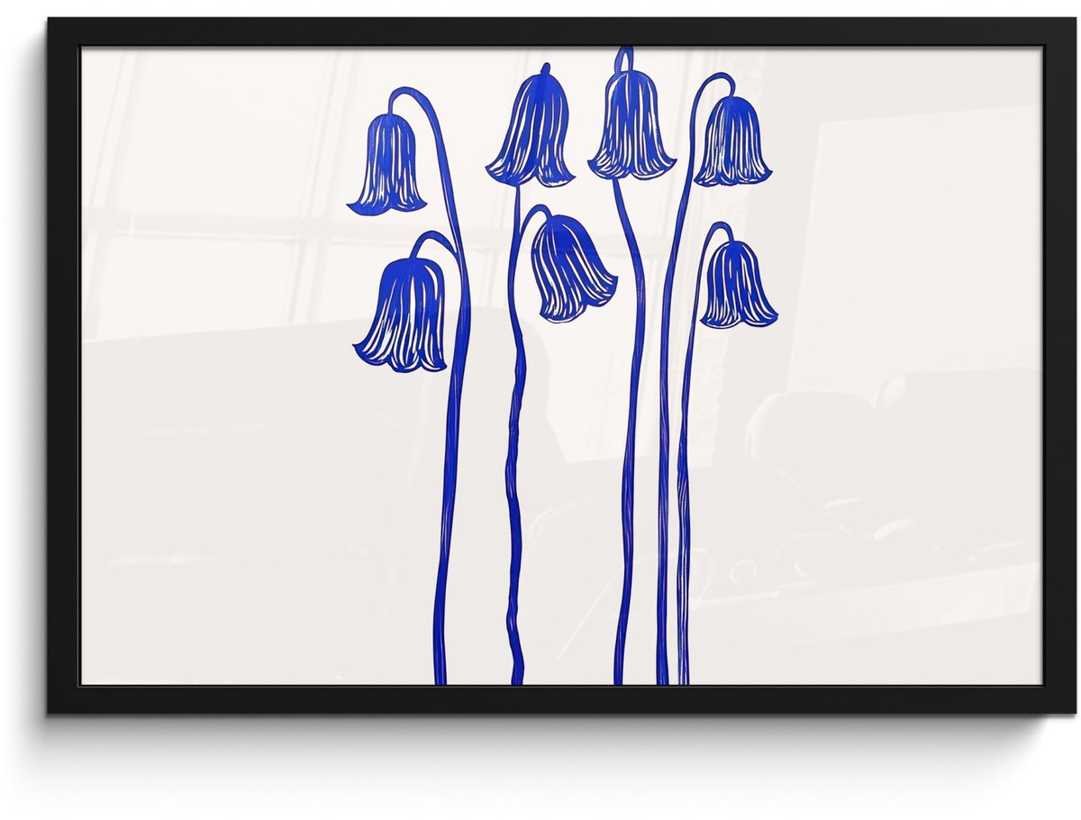 FrameYourWall Poster in lijst - Fotolijst 60x40 cm - Posters - Bloemen - Blauw - Lijnen - Bloemblaadjes - Posterlijst zwart - Decoratie - Wanddecoratie woonkamer - Muurdecoratie slaapkamer Bloemen - Bloemblaadjes