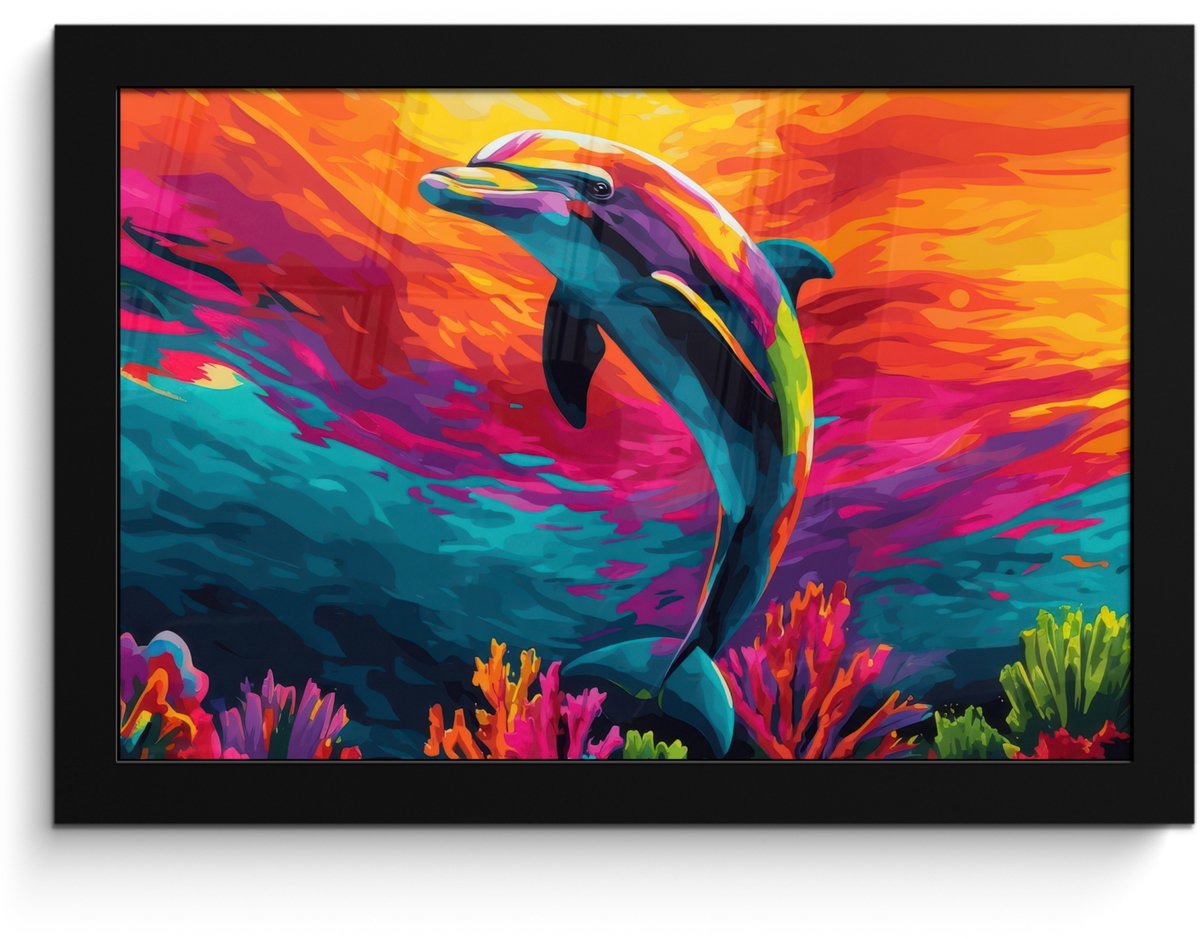 FrameYourWall Poster in lijst - Fotolijst 30x20 cm - Posters - Dolfijn - Kleurrijk - Oceaan - Koraal - Posterlijst zwart - Decoratie - Wanddecoratie woonkamer - Muurdecoratie slaapkamer