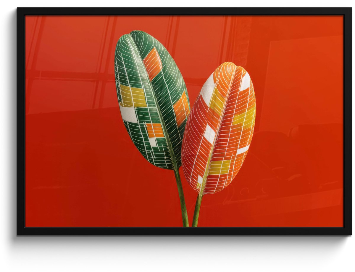 FrameYourWall Poster in lijst - Fotolijst 90x60 cm - Posters - Bladeren - Ovaal - Mozaïek - Patroon - Posterlijst zwart - Decoratie - Wanddecoratie woonkamer - Muurdecoratie slaapkamer