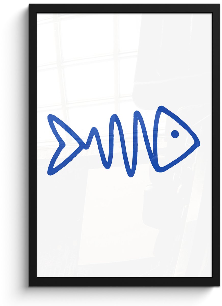 FrameYourWall Poster in lijst - Fotolijst 40x60 cm - Posters - Vis - Minimalistisch - Blauw - Lijn - Posterlijst zwart - Decoratie - Wanddecoratie woonkamer - Muurdecoratie slaapkamer Vis - Lijnen