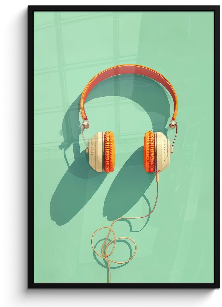 FrameYourWall Poster in lijst - Fotolijst 80x120 cm - Posters - Koptelefoon - Oranje - Snoer - Minimalistisch - Posterlijst zwart - Decoratie - Wanddecoratie woonkamer - Muurdecoratie slaapkamer - Kerstversiering - Kerstdecoratie voor binnen - Kerstmis Koptelefoon - Snoer