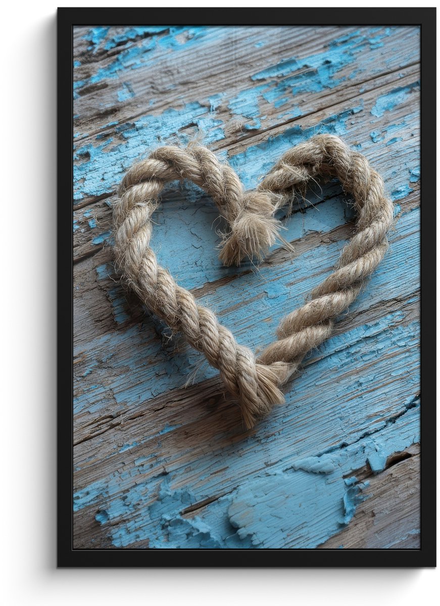 FrameYourWall Poster in lijst - Fotolijst 40x60 cm - Posters - Hart - Touw - Hout - Rustiek - Posterlijst zwart - Decoratie - Wanddecoratie woonkamer - Muurdecoratie slaapkamer