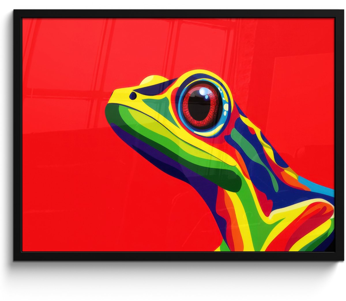 FrameYourWall Poster in lijst - Fotolijst 80x60 cm - Posters - Kikker - Kleurrijk - Strepen - Ogen - Posterlijst zwart - Decoratie - Wanddecoratie woonkamer - Muurdecoratie slaapkamer