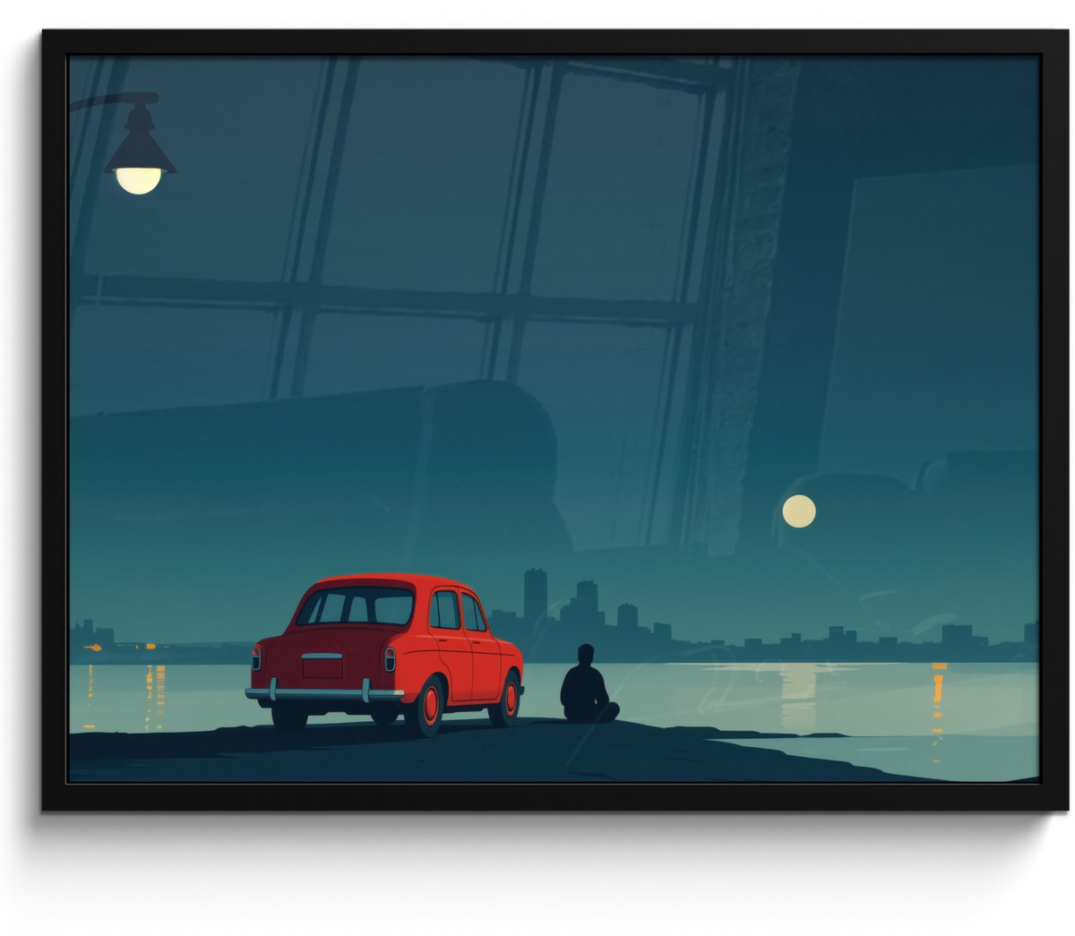 FrameYourWall Poster in lijst - Fotolijst 80x60 cm - Posters - Auto - Volle maan - Uitkijkend over water - Posterlijst zwart - Decoratie - Wanddecoratie woonkamer - Muurdecoratie slaapkamer Water - Maan