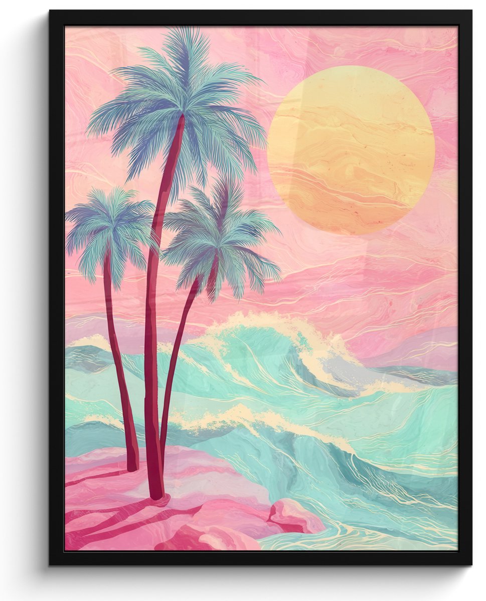 FrameYourWall Poster in lijst - Fotolijst 60x80 cm - Posters - Palmbomen - Golven - Zee - Posterlijst zwart - Decoratie - Wanddecoratie woonkamer - Muurdecoratie slaapkamer