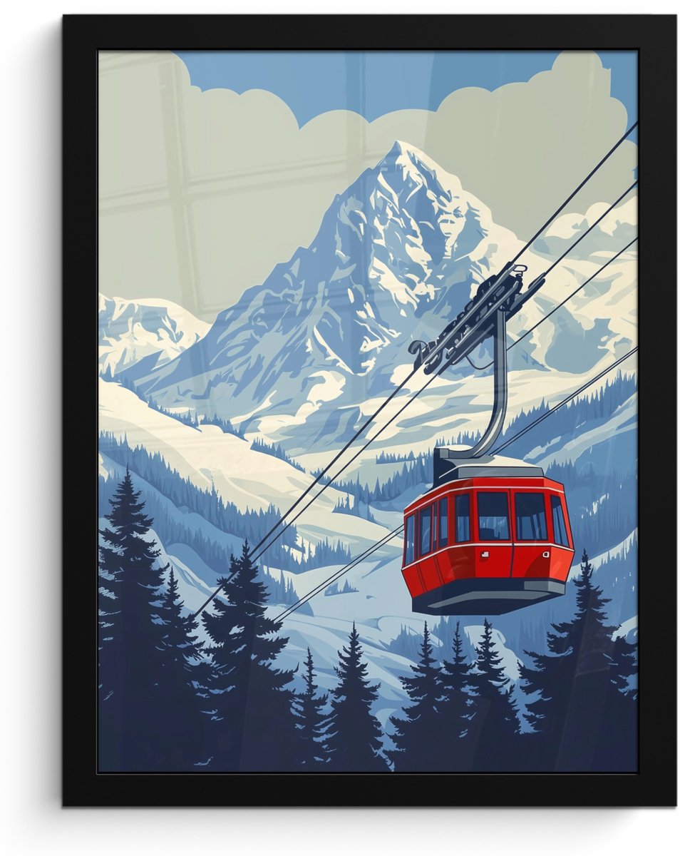 FrameYourWall Poster in lijst - Fotolijst 30x40 cm - Posters - Kabelbaan - Sneeuw - Berglandschap - Posterlijst zwart - Decoratie - Wanddecoratie woonkamer - Muurdecoratie slaapkamer Kabelbaan - Bergen - Sneeuw