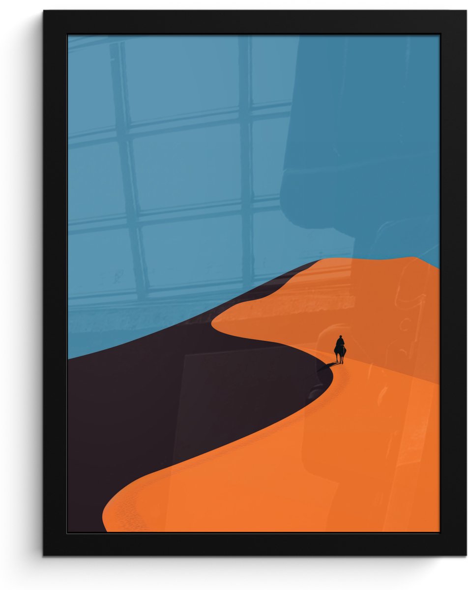 FrameYourWall Poster in lijst - Fotolijst 30x40 cm - Posters - Feloranje duinen - Schaduw - Lege hemel - Posterlijst zwart - Decoratie - Wanddecoratie woonkamer - Muurdecoratie slaapkamer Duinen - Paard