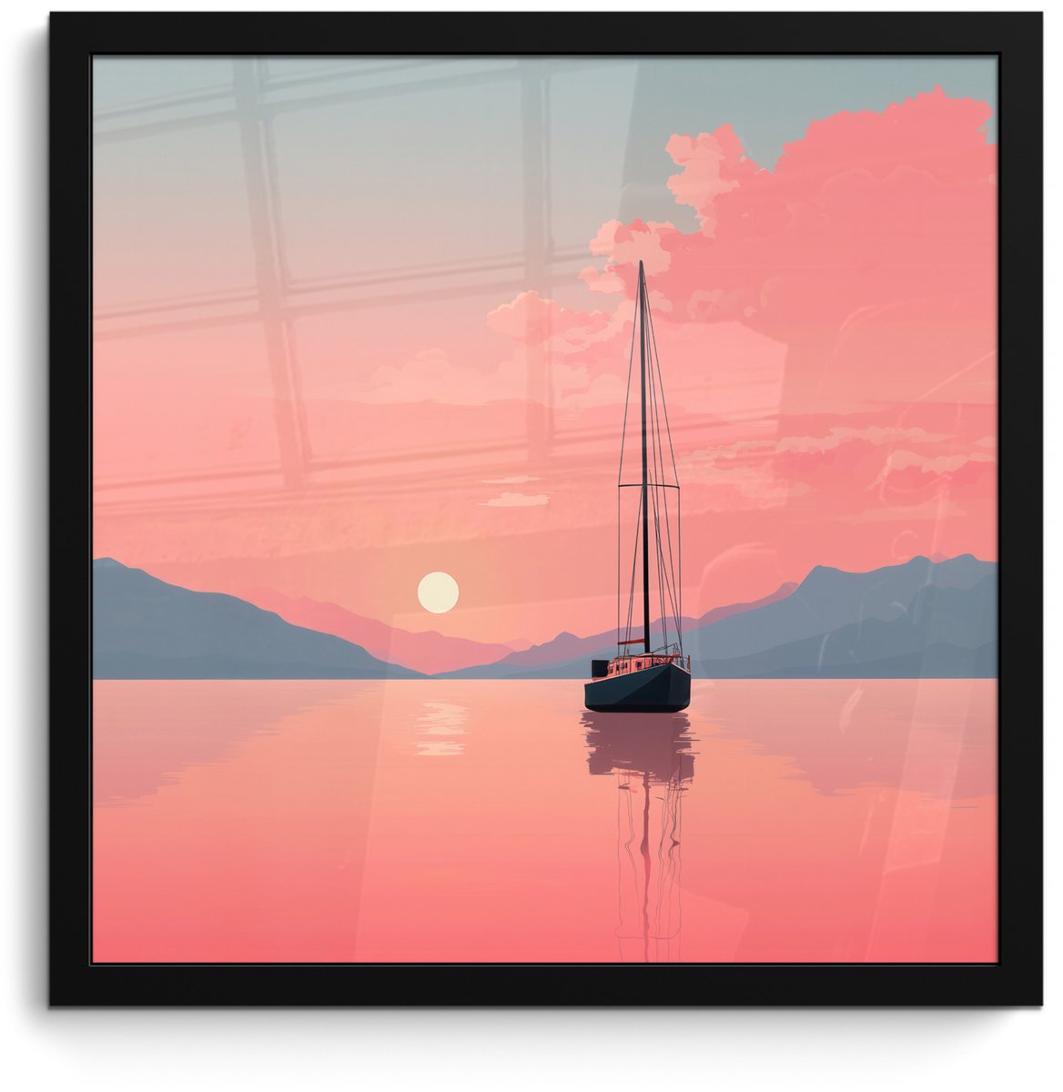 FrameYourWall Poster in lijst - Fotolijst 40x40 cm - Posters - Zeilboot - Roze zee - Zonsondergang - Bergen - Posterlijst zwart - Decoratie - Wanddecoratie woonkamer - Muurdecoratie slaapkamer Zeilboot - Zee - Bergen