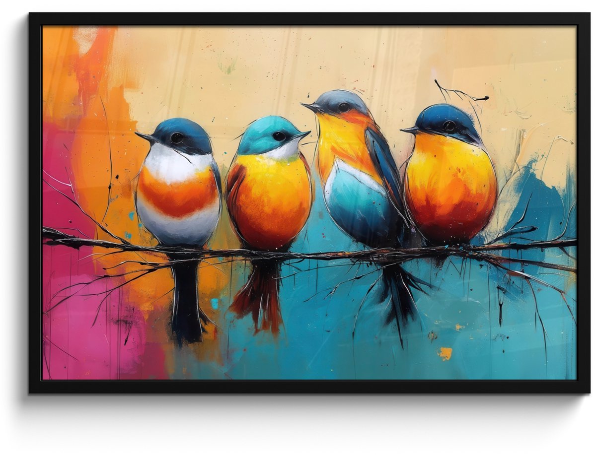 FrameYourWall Poster in lijst - Fotolijst 90x60 cm - Posters - Vogels - Kleurrijk - Tak - Abstract - Posterlijst zwart - Decoratie - Wanddecoratie woonkamer - Muurdecoratie slaapkamer