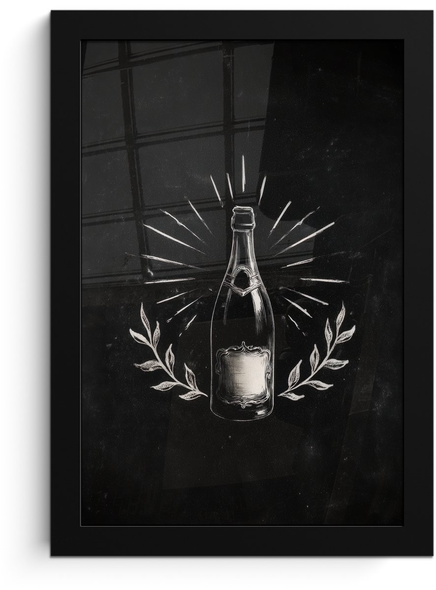 FrameYourWall Poster in lijst - Fotolijst 20x30 cm - Posters - Champagnefles - Lauriertakken - Zwarte achtergrond - Posterlijst zwart - Decoratie - Wanddecoratie woonkamer - Muurdecoratie slaapkamer