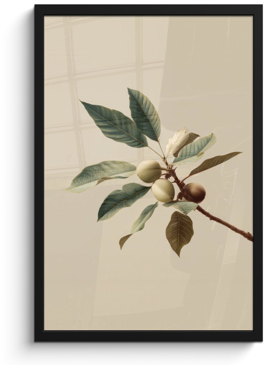 FrameYourWall Poster in lijst - Fotolijst 40x60 cm - Posters - Tak - Groene Bladeren - Vruchten - Posterlijst zwart - Decoratie - Wanddecoratie woonkamer - Muurdecoratie slaapkamer Tak - Bladeren - Vruchten