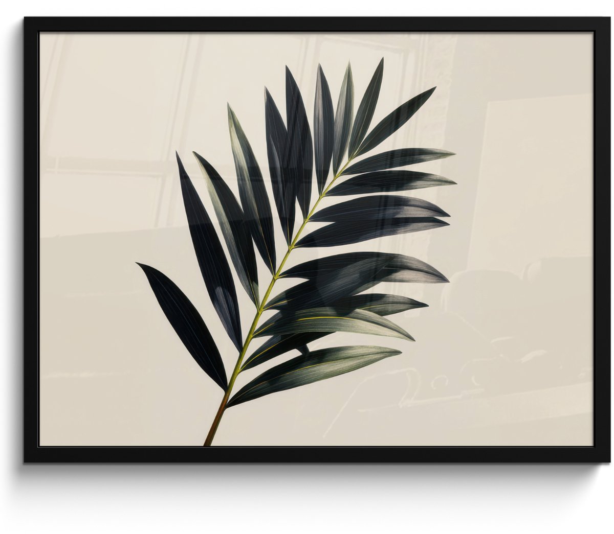 FrameYourWall Poster in lijst - Fotolijst 80x60 cm - Posters - Palmblad - Subtiel - Groen - beige - Posterlijst zwart - Decoratie - Wanddecoratie woonkamer - Muurdecoratie slaapkamer