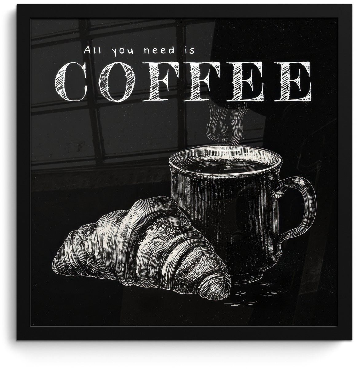 FrameYourWall Poster in lijst - Fotolijst 40x40 cm - Posters - Koffie - Croissant - Tekst - Posterlijst zwart - Decoratie - Wanddecoratie woonkamer - Muurdecoratie slaapkamer