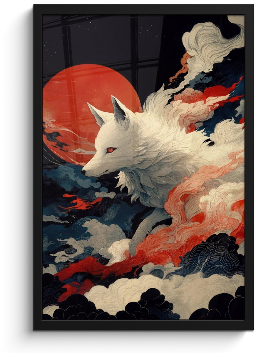 FrameYourWall Poster in lijst - Fotolijst 40x60 cm - Posters - Witte vos - wolken - maan - Posterlijst zwart - Decoratie - Wanddecoratie woonkamer - Muurdecoratie slaapkamer