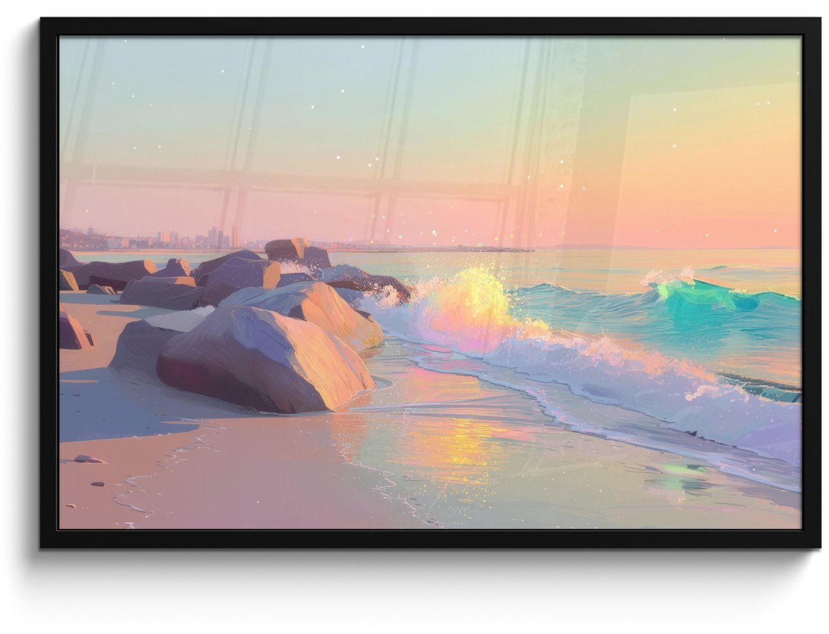 FrameYourWall Poster in lijst - Fotolijst 90x60 cm - Posters - Zomerlicht - Strand - Fonkelende accenten - Posterlijst zwart - Decoratie - Wanddecoratie woonkamer - Muurdecoratie slaapkamer Strand - Zee - Stad