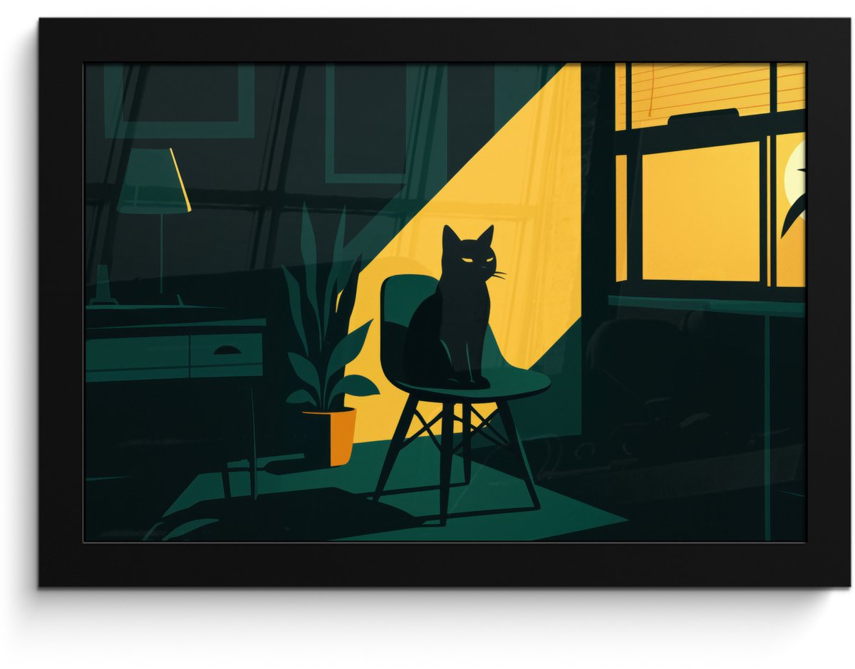 FrameYourWall Poster in lijst - Fotolijst 30x20 cm - Posters - Zwarte kat - Mysterieus - Gele instraal - Posterlijst zwart - Decoratie - Wanddecoratie woonkamer - Muurdecoratie slaapkamer