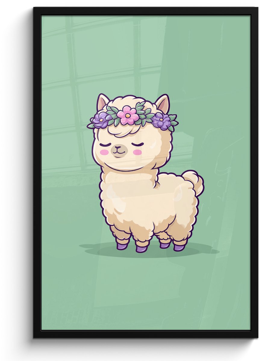 FrameYourWall Poster in lijst - Fotolijst 60x90 cm - Posters - Alpaca - Groen - Bloemendiadeem - Posterlijst zwart - Decoratie - Wanddecoratie woonkamer - Muurdecoratie slaapkamer
