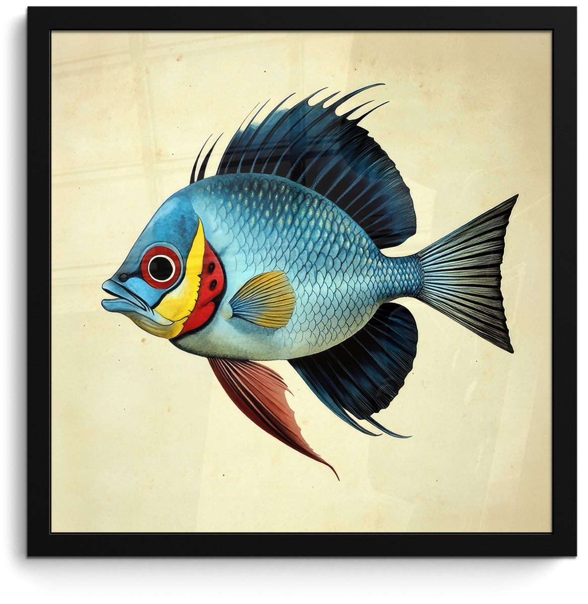 FrameYourWall Poster in lijst - Fotolijst 40x40 cm - Posters - Blauw - Kieuwen - Vis - Illustratie - Posterlijst zwart - Decoratie - Wanddecoratie woonkamer - Muurdecoratie slaapkamer