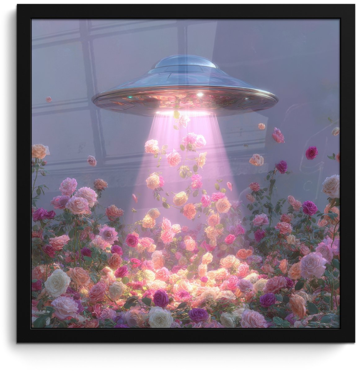 FrameYourWall Poster in lijst - Fotolijst 40x40 cm - Posters - Ufo - Rozen - Pastelkleuren - Posterlijst zwart - Decoratie - Wanddecoratie woonkamer - Muurdecoratie slaapkamer