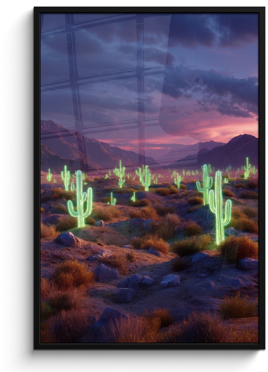 FrameYourWall Poster in lijst - Fotolijst 80x120 cm - Posters - Neon cactussen - Woestijn - Zonsondergang - Posterlijst zwart - Decoratie - Wanddecoratie woonkamer - Muurdecoratie slaapkamer Neon - cactus - Woestijn