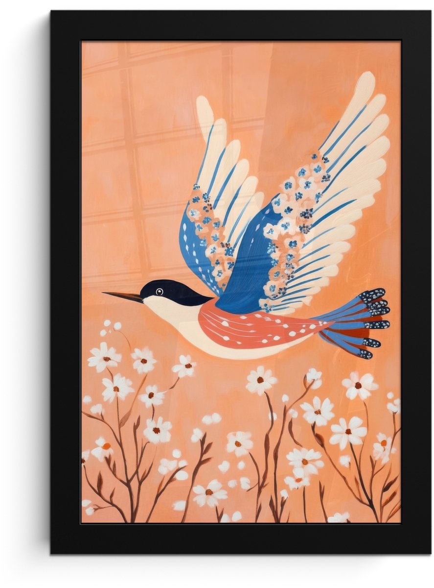 FrameYourWall Poster in lijst - Fotolijst 20x30 cm - Posters - Vogel - Bloesemtakken - Warm - Kleurrijk - Posterlijst zwart - Decoratie - Wanddecoratie woonkamer - Muurdecoratie slaapkamer