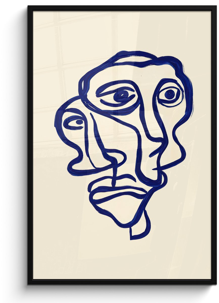 FrameYourWall Poster in lijst - Fotolijst 80x120 cm - Posters - Lijntekening - Overlappende gezichten - Donkerblauw - Posterlijst zwart - Decoratie - Wanddecoratie woonkamer - Muurdecoratie slaapkamer Overlappend - Gezichten