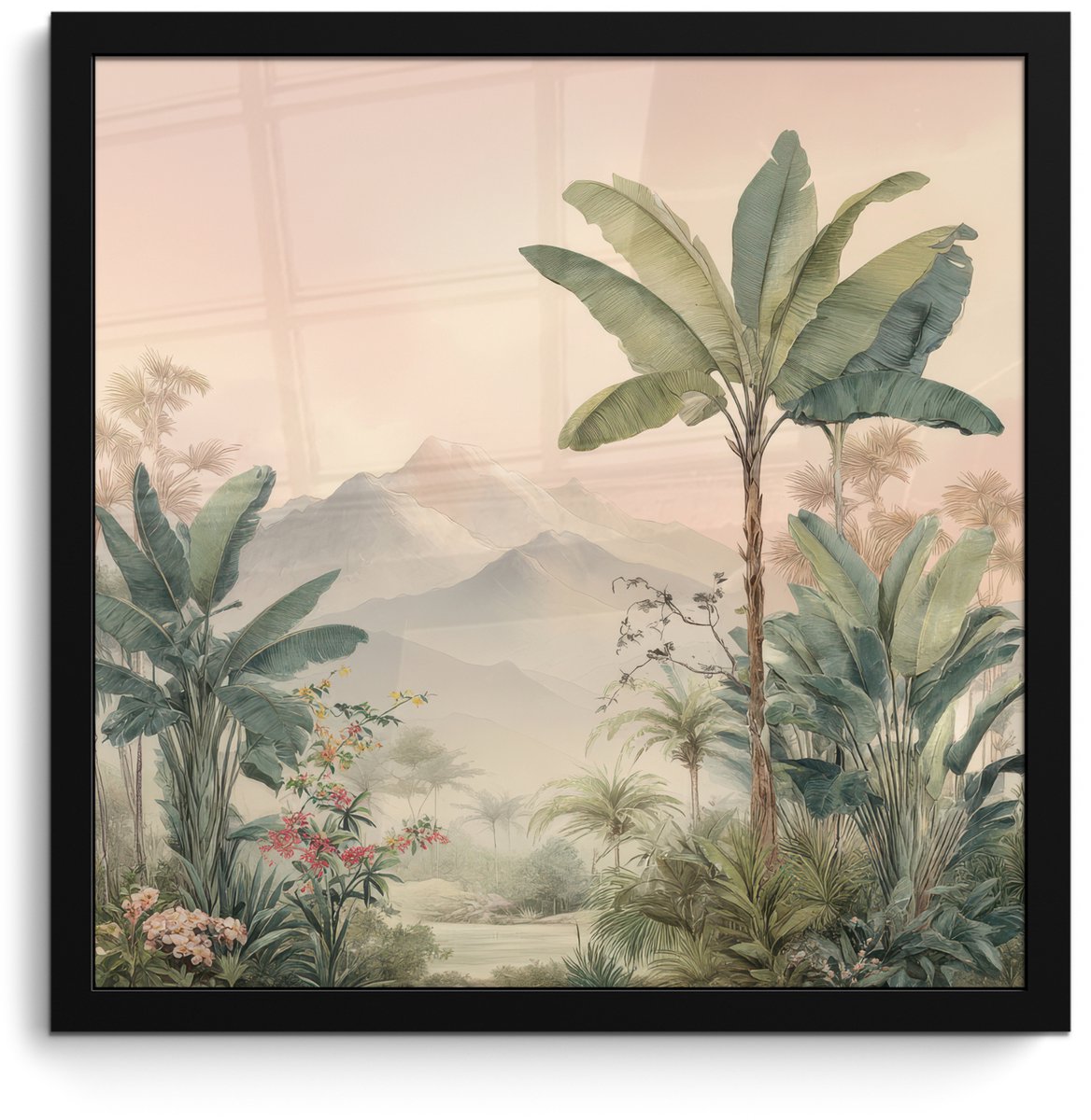 FrameYourWall Poster in lijst - Fotolijst 40x40 cm - Posters - Tropisch landschap - palmbomen - Bloemen - Roze lucht - Posterlijst zwart - Decoratie - Wanddecoratie woonkamer - Muurdecoratie slaapkamer Tropisch - Landschap