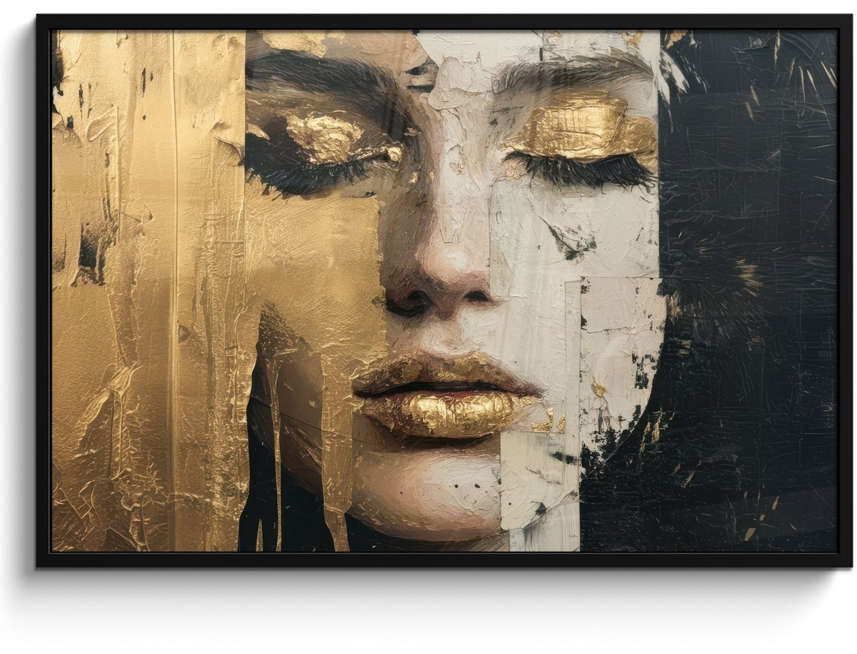 FrameYourWall Poster in lijst - Fotolijst 120x80 cm - Posters - Abstract - Goud - Gezicht - Lippen - Posterlijst zwart - Decoratie - Wanddecoratie woonkamer - Muurdecoratie slaapkamer Abstract - Gezicht - Lippen