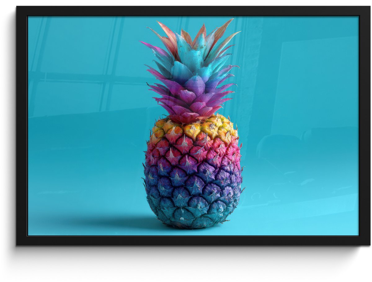 FrameYourWall Poster in lijst - Fotolijst 60x40 cm - Posters - Ananas - Regenboog - Blauw - Popart - Posterlijst zwart - Decoratie - Wanddecoratie woonkamer - Muurdecoratie slaapkamer