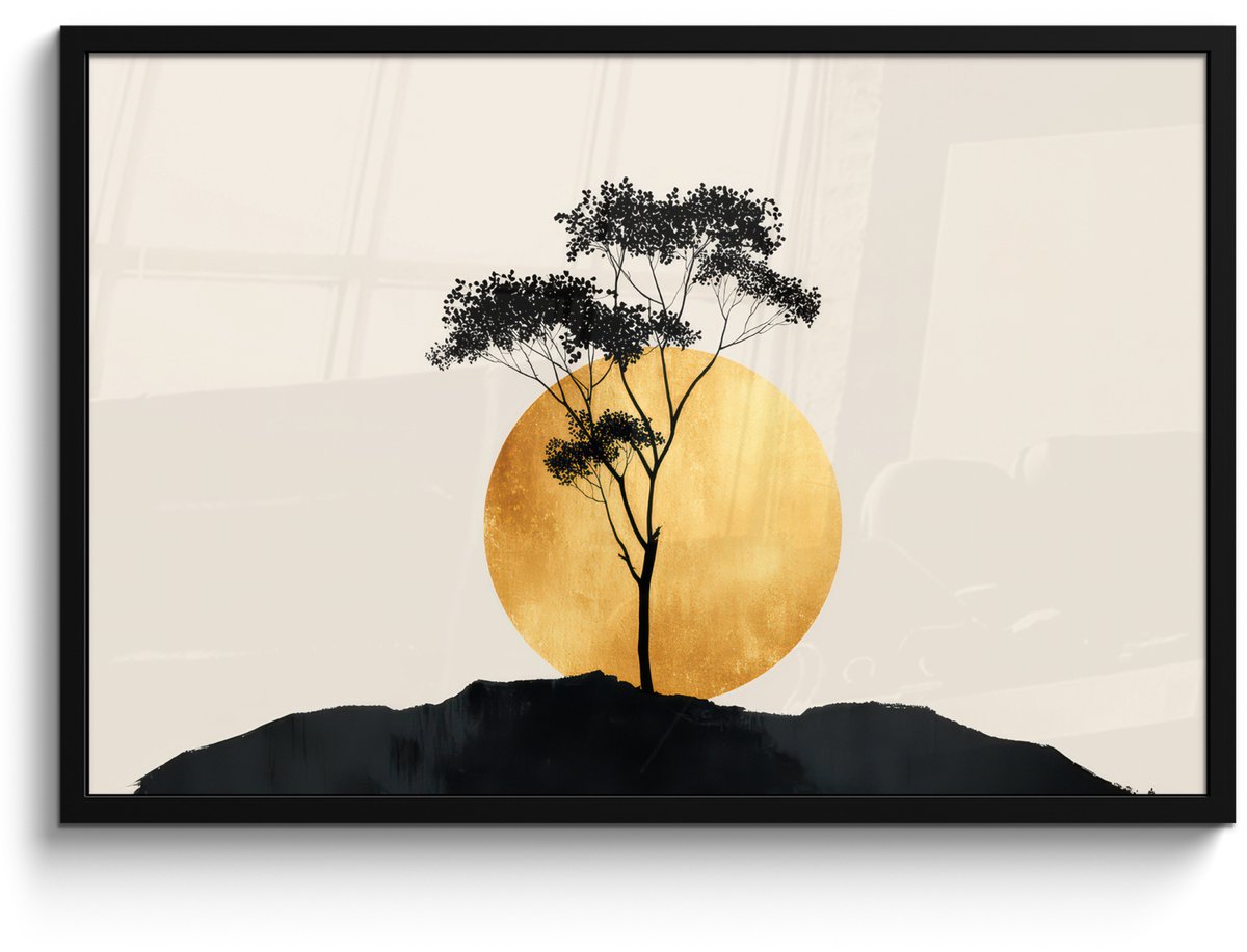 FrameYourWall Poster in lijst - Fotolijst 90x60 cm - Posters - Zwarte boom - Gouden cirkel - Heuvel - Posterlijst zwart - Decoratie - Wanddecoratie woonkamer - Muurdecoratie slaapkamer Boom - Cirkel - Heuvel