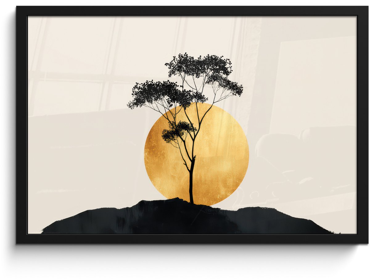 FrameYourWall Poster in lijst - Fotolijst 60x40 cm - Posters - Zwarte boom - Gouden cirkel - Heuvel - Posterlijst zwart - Decoratie - Wanddecoratie woonkamer - Muurdecoratie slaapkamer Boom - Cirkel - Heuvel
