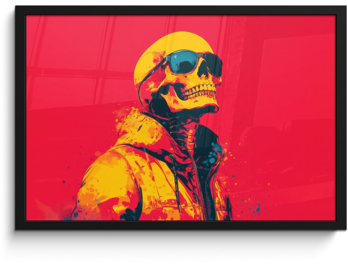 FrameYourWall Poster in lijst - Fotolijst 60x40 cm - Posters - Zonnebril - Schedel - Jas - Rood - Posterlijst zwart - Decoratie - Wanddecoratie woonkamer - Muurdecoratie slaapkamer Schedel - Zonnebril