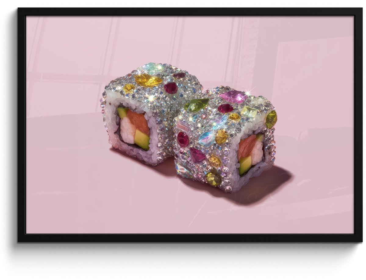 FrameYourWall Poster in lijst - Fotolijst 90x60 cm - Posters - Sushi - Rolletjes - Steentjes - Kleurrijk - Posterlijst zwart - Decoratie - Wanddecoratie woonkamer - Muurdecoratie slaapkamer Sushi - Steentjes - Kleurrijk