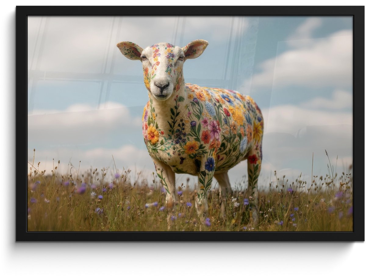 FrameYourWall Poster in lijst - Fotolijst 60x40 cm - Posters - Schaap - Bloemen - Weide - Posterlijst zwart - Decoratie - Wanddecoratie woonkamer - Muurdecoratie slaapkamer