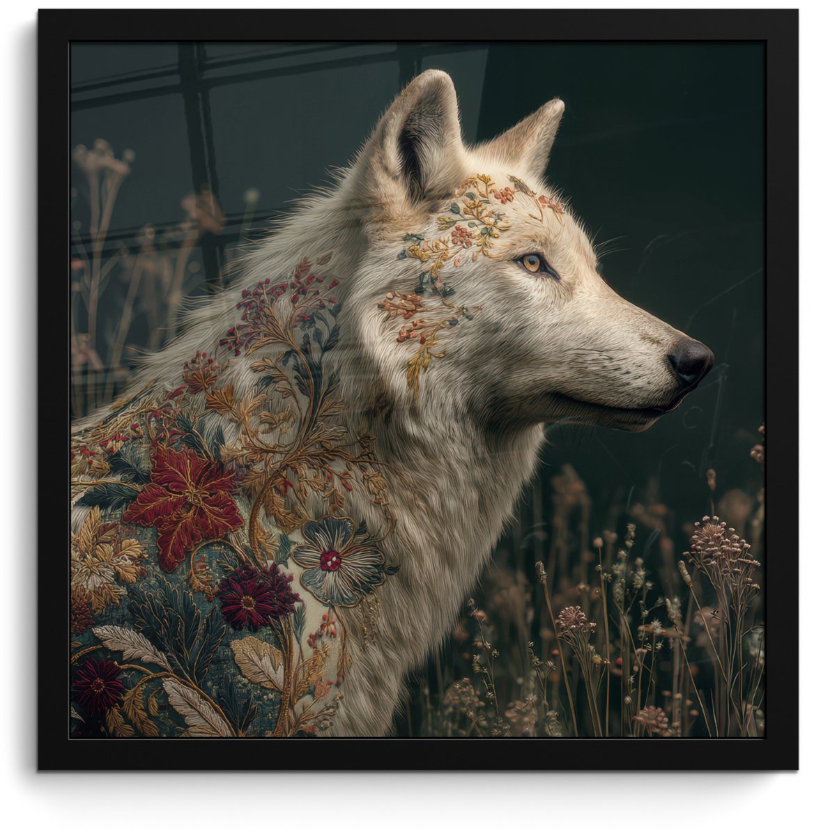 FrameYourWall Poster in lijst - Fotolijst 40x40 cm - Posters - Wolf - Bloemen - Natuur - Posterlijst zwart - Decoratie - Wanddecoratie woonkamer - Muurdecoratie slaapkamer
