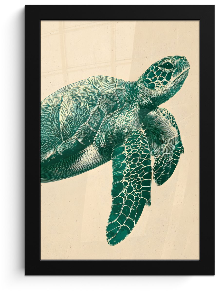 FrameYourWall Poster in lijst - Fotolijst 20x30 cm - Posters - Schildpad - Sierlijk - Groen - Schild - Posterlijst zwart - Decoratie - Wanddecoratie woonkamer - Muurdecoratie slaapkamer