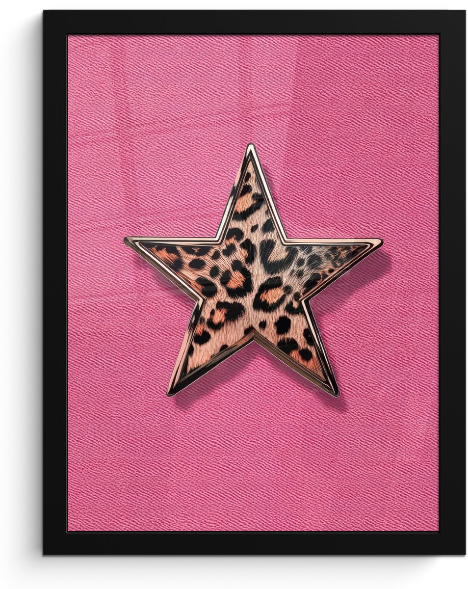 FrameYourWall Poster in lijst - Fotolijst 30x40 cm - Posters - Ster - Luipaard - Print - Roze - Posterlijst zwart - Decoratie - Wanddecoratie woonkamer - Muurdecoratie slaapkamer