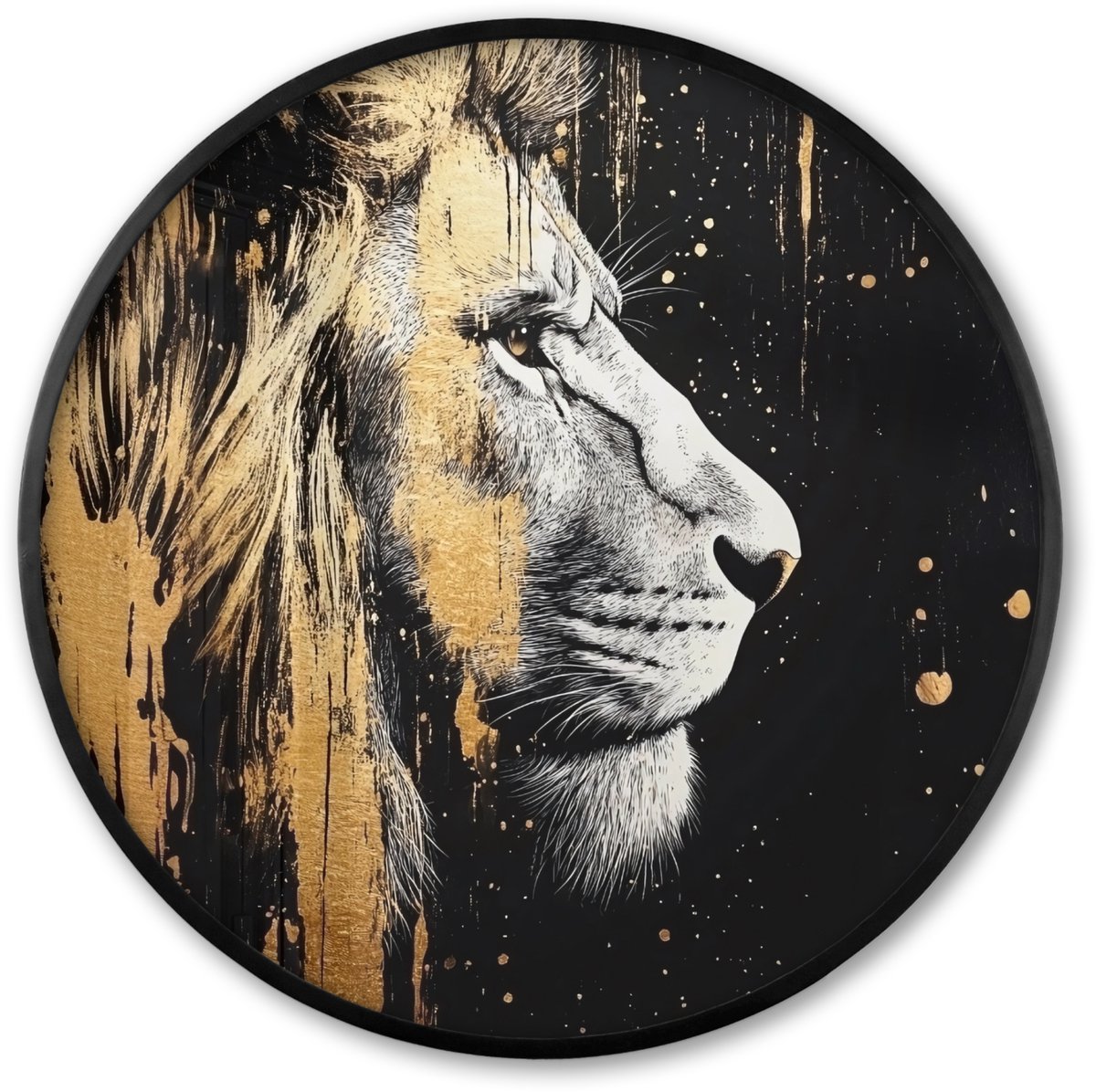 FrameYourWall Poster in lijst Rond - Fotolijst 60x60 cm - Posters - Portret - Leeuw - Abstract - Goud - Ronde posterlijst zwart - Decoratie - Wanddecoratie woonkamer - Muurdecoratie slaapkamer