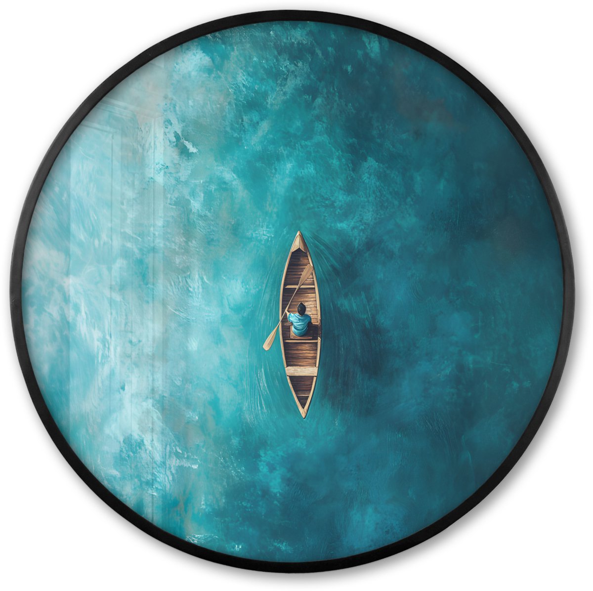 FrameYourWall Poster in lijst Rond - Fotolijst 80x80 cm - Posters - Bootje - Water - Blauw - Ronde posterlijst zwart - Decoratie - Wanddecoratie woonkamer - Muurdecoratie slaapkamer